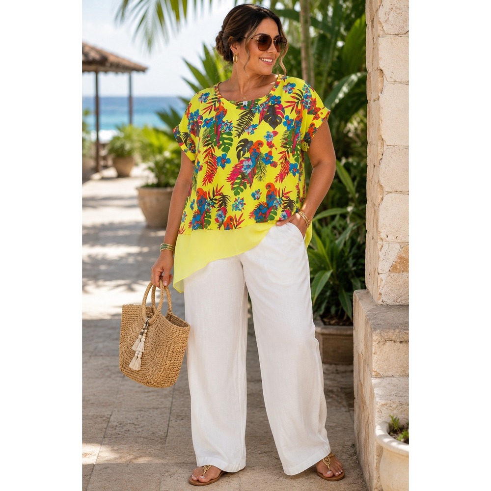 LEMON Way Yellow Tropical Parrot Print Asymmetrical Top Sze XL Vacation Hawaiian